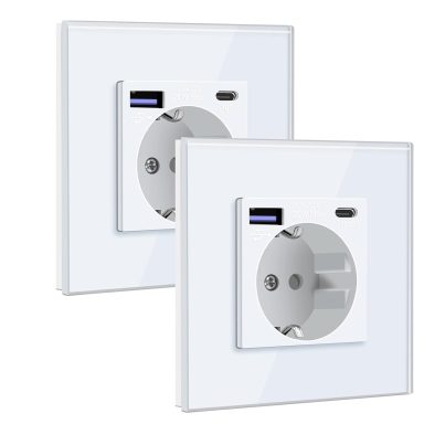 BSEED Enchufe Pared con 20W USB y Tipo C,Enchufe USB C de Cristal,Carga Rápida,3 en 1,Fácil Instalación,1 Enchufe,86mm Blanco