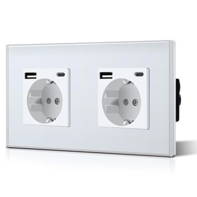 BSEED Enchufe Doble con USB C,Enchufes Pared con Cristal,Schuko Enchufe Simple 16A 250V,Toma de Corriente para Cocina,Dormitorio,Oficina,Hot